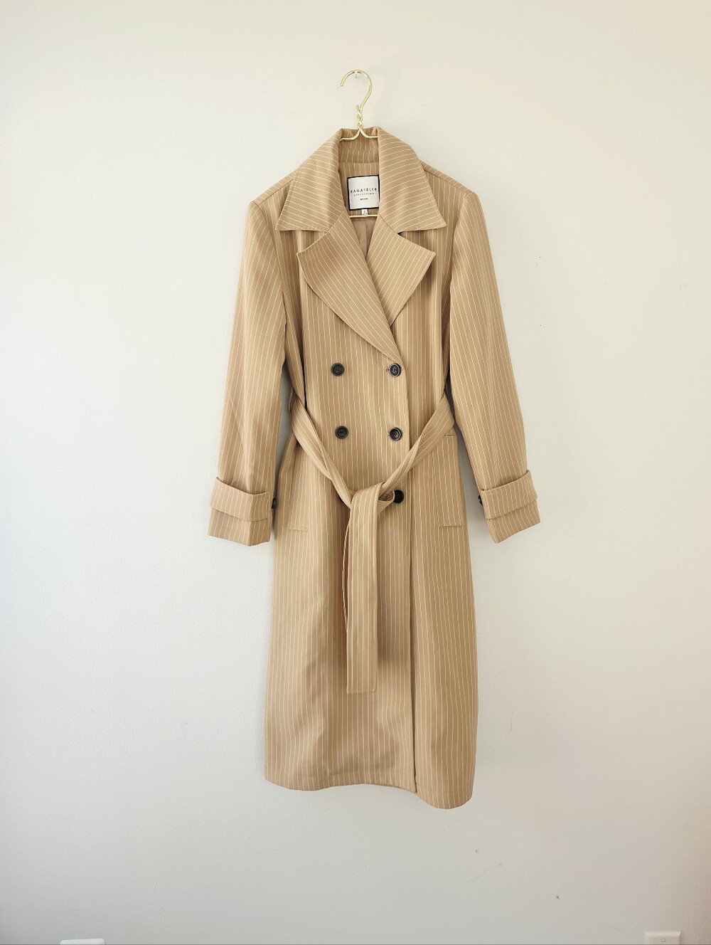 Bagatelle Pinstripe Elegant Trench Coat Khaki Tan Small